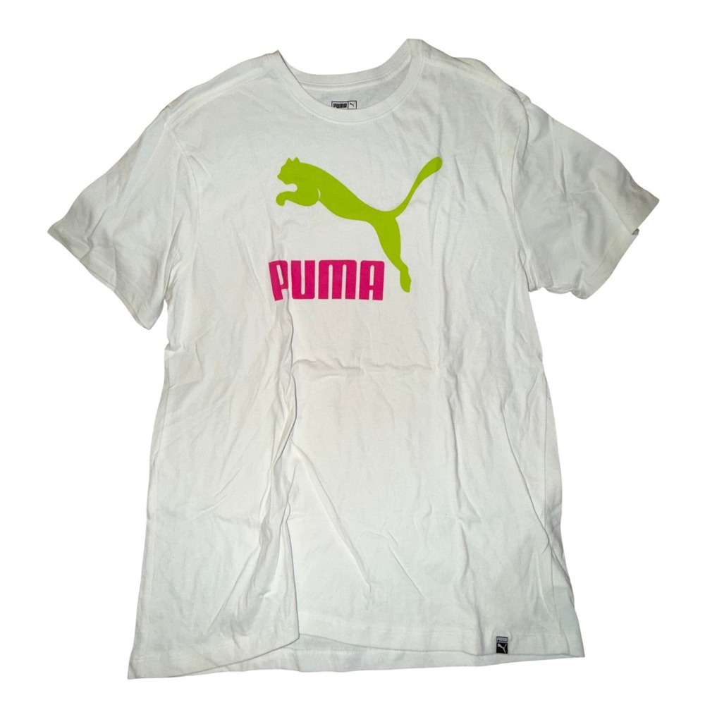 Puma Mens Graphic T-Shirt White Neon Green Pink Logo Short Sleeve Cotton XL - Picture 2 of 5